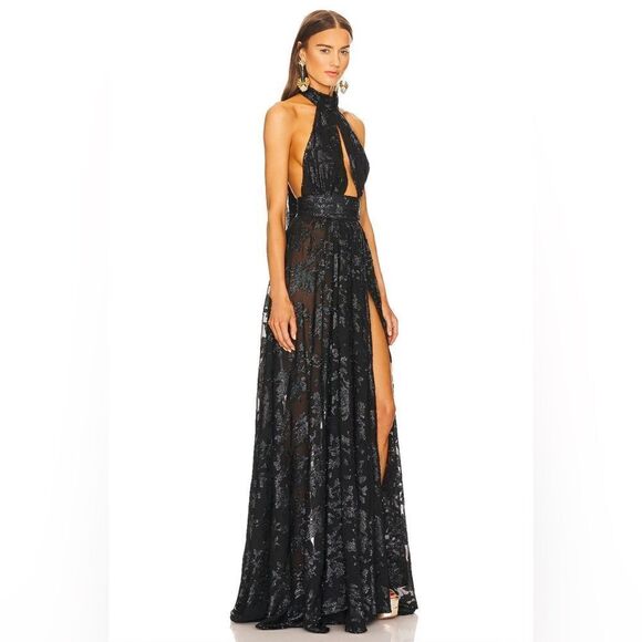 Michael Costello REVOLVE Luara Gown Romantic Floral Silk Maxi Sheer Black - Picture 3 of 15